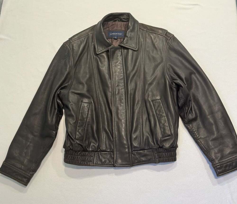 London Fog Men’s Brown Genuine Leather Bomber Jacket Size L Quilted Lined